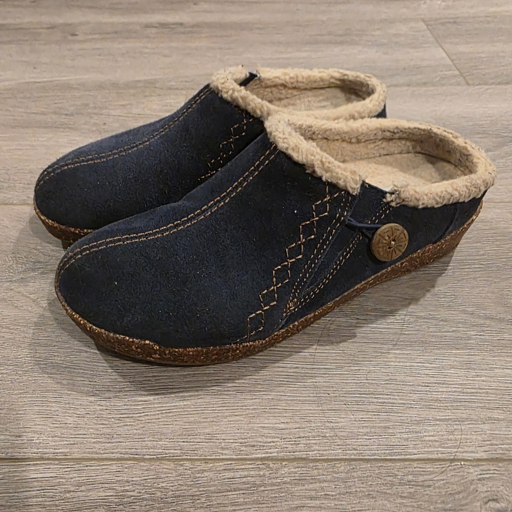 Earth Origins Johanna Women's Size 6.5 M Black Suede Clogs Faux Fur Slip On Shoe